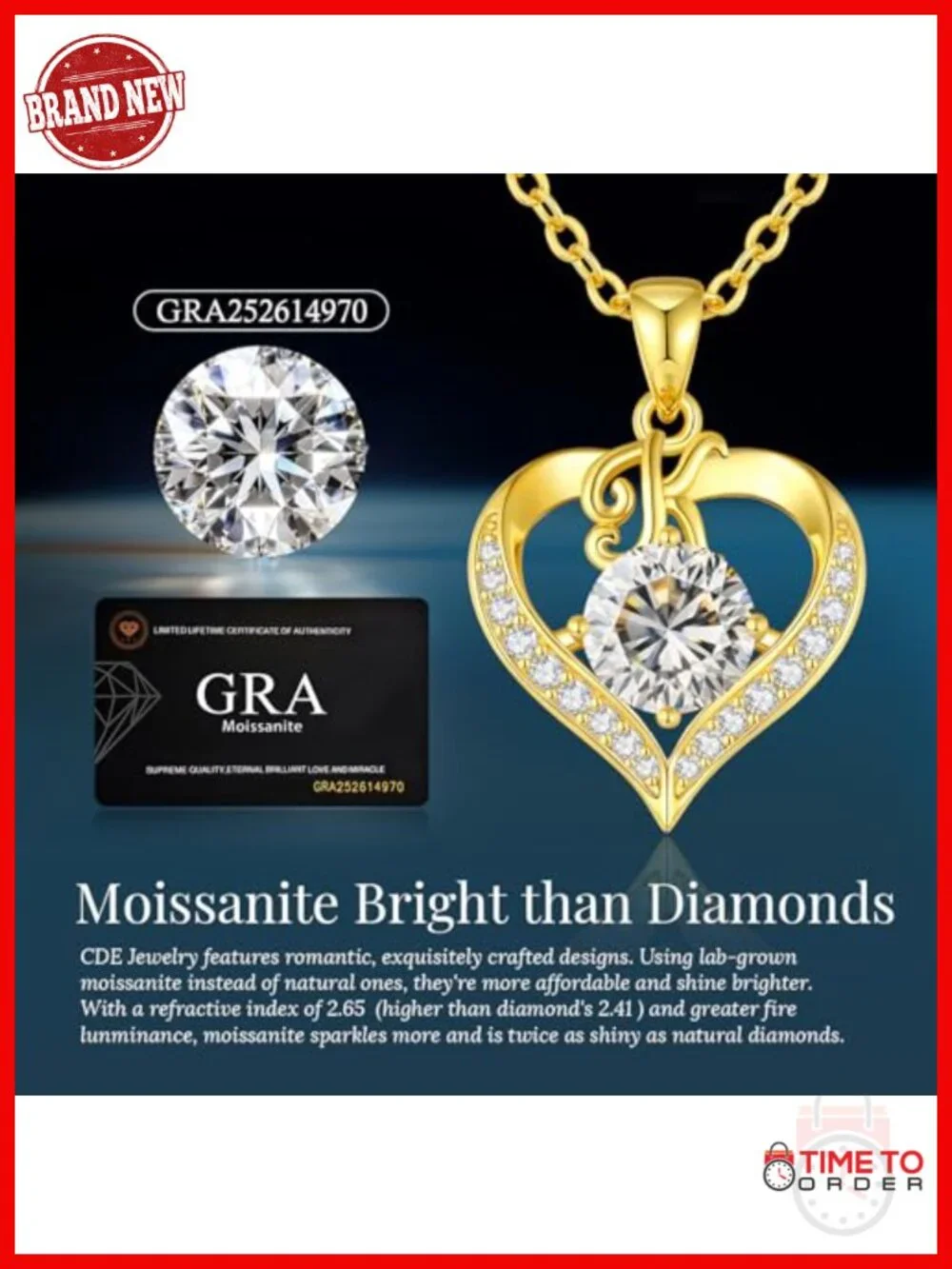 925 Sterling Silver 18K Gold Plated Moissanite Pendant Necklace 2 Carat